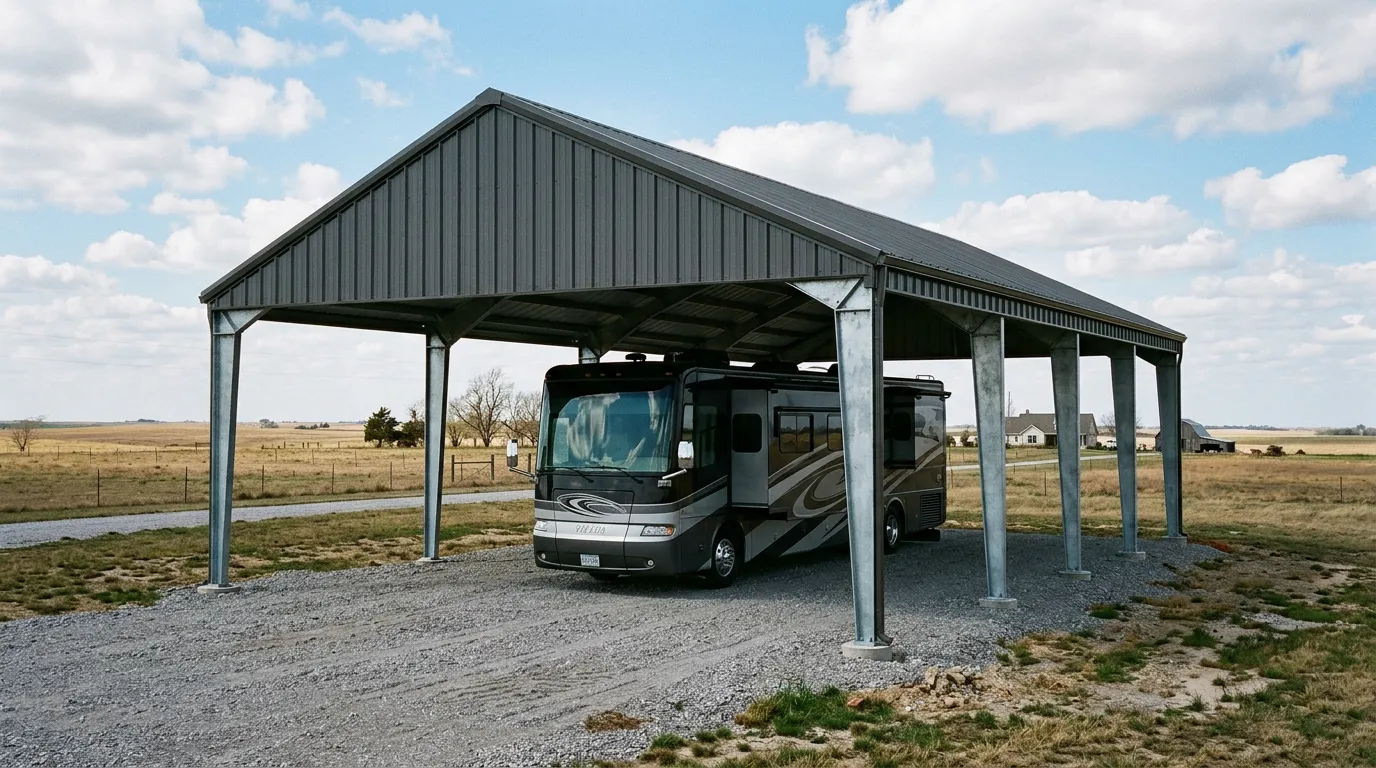Tall freestanding steel RV carport with gabled metal roof sheltering a motorhome on a gravel acreage pad