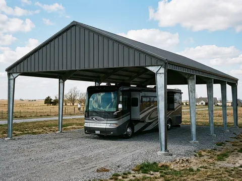Tall freestanding steel RV carport with gabled metal roof sheltering a motorhome on a gravel acreage pad