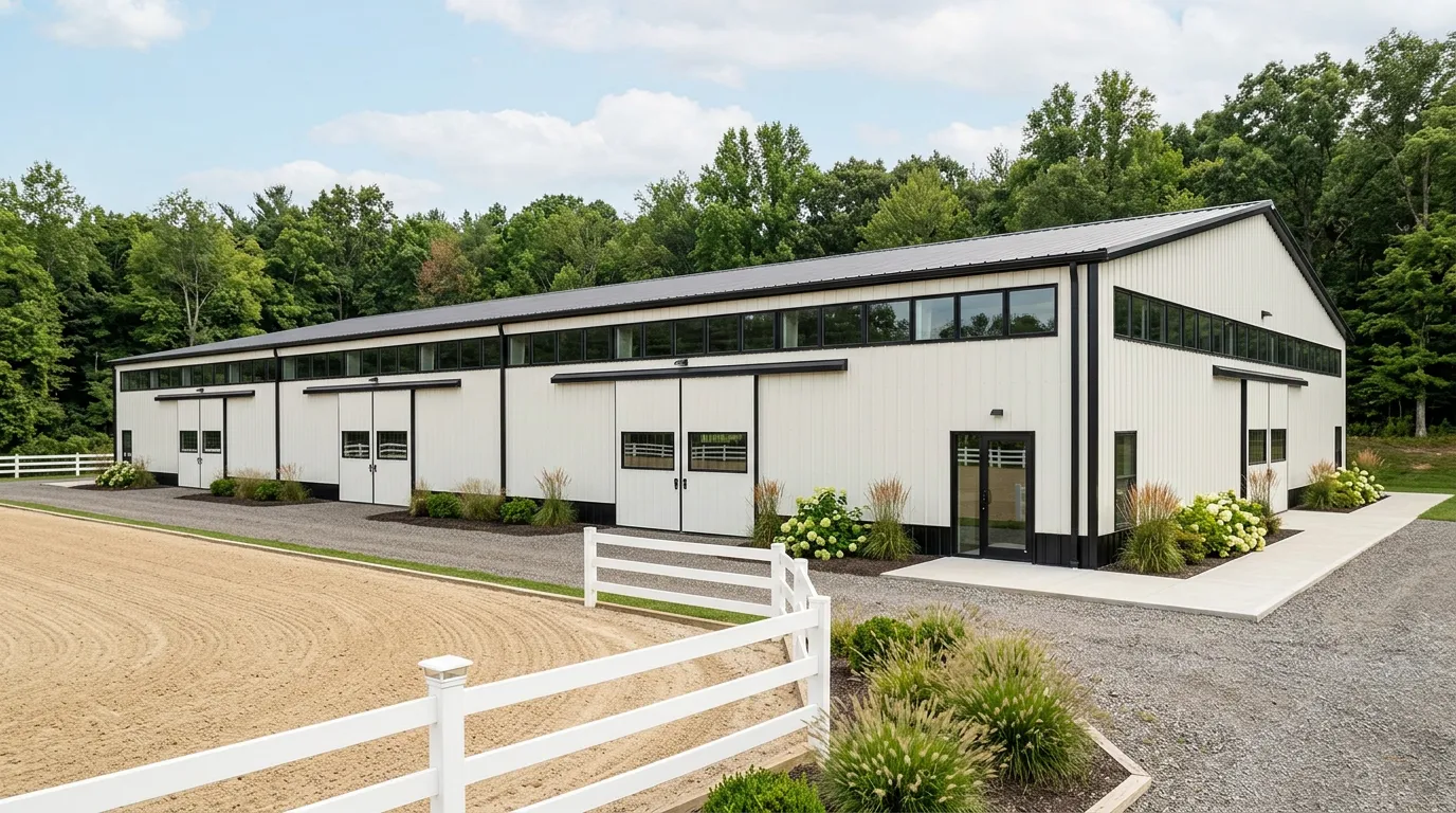 Pre-engineered steel riding arena with white walls and black trim on a rural equestrian property