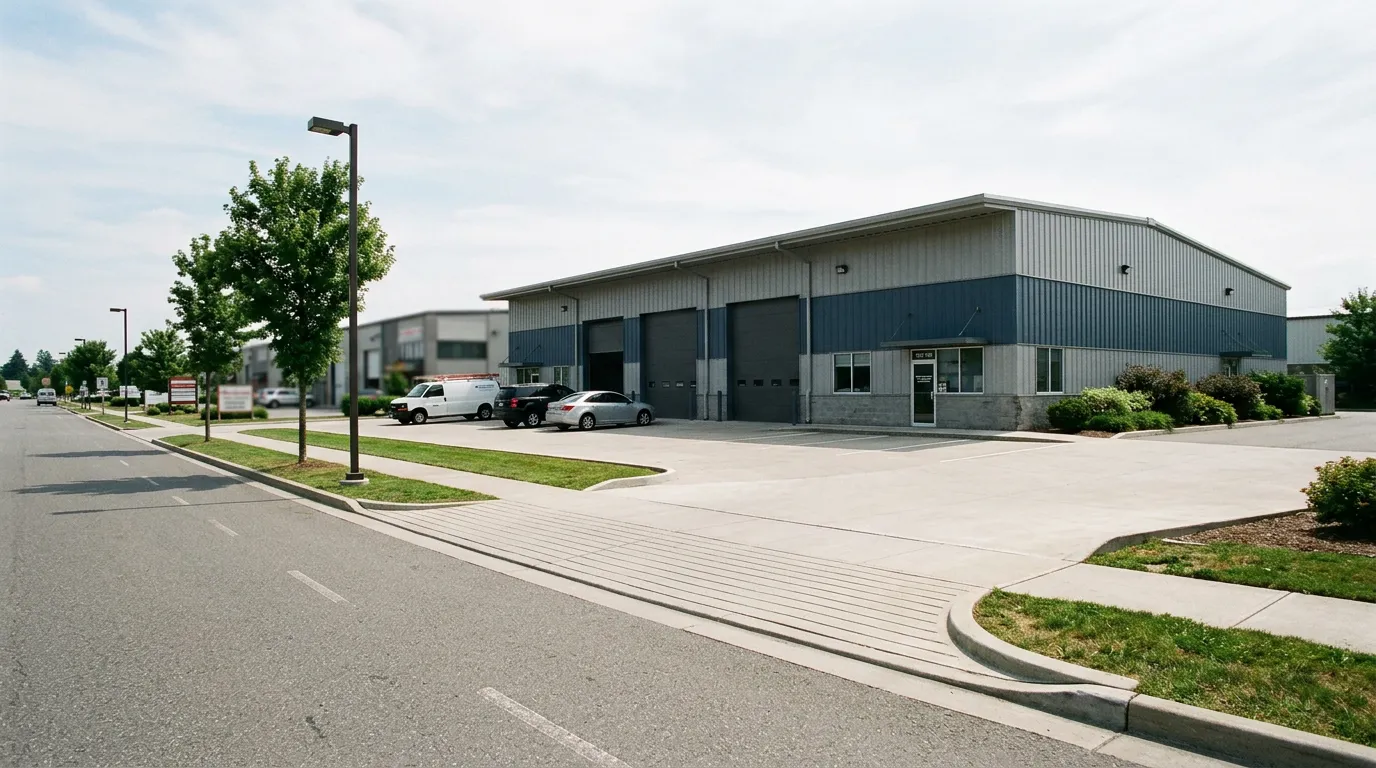 Pre-engineered steel industrial building in a business park with concrete approach