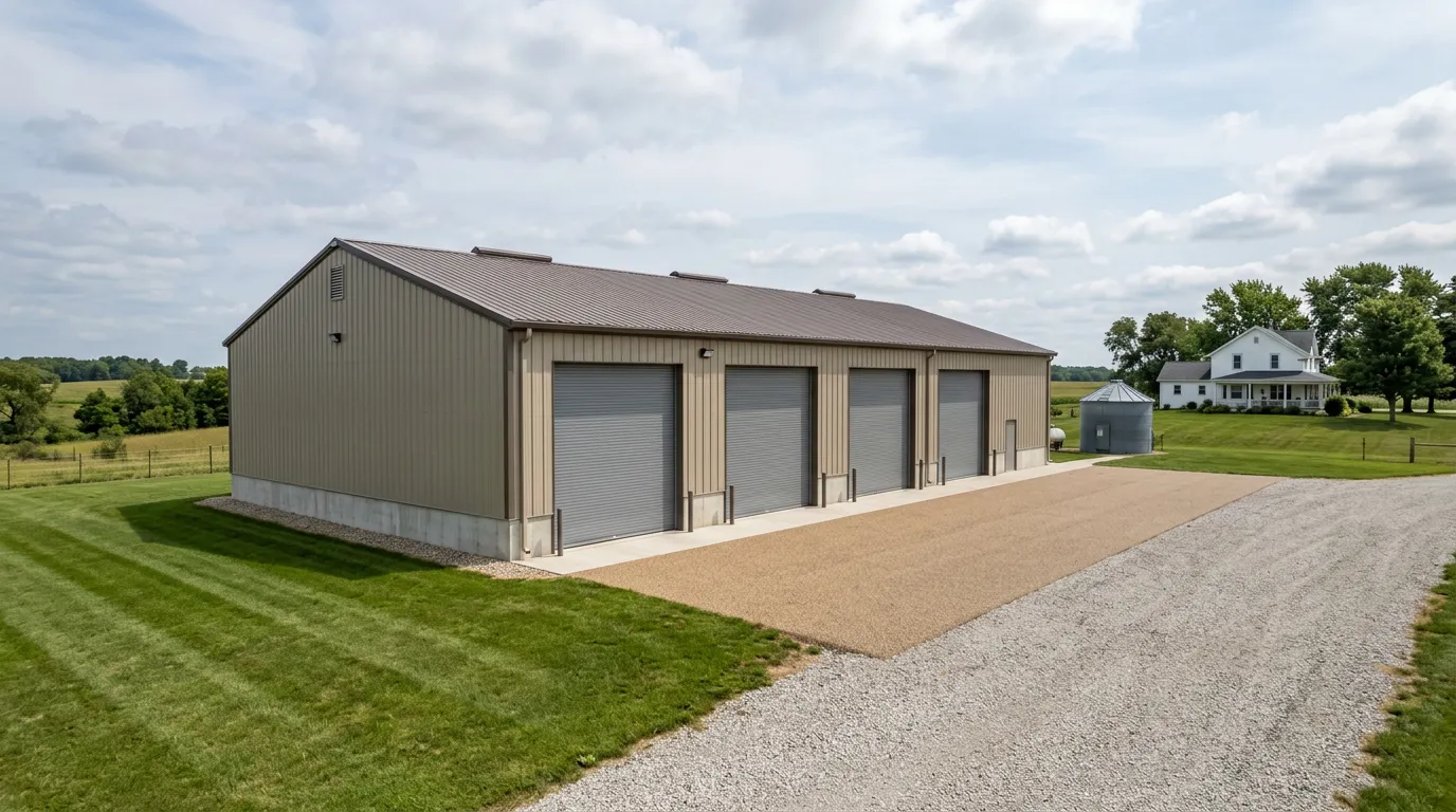 Steel agricultural building on farm with chip-seal driveway, house and silo in background