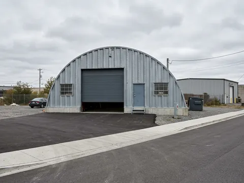 Quonset arch steel building in a commercial business park along a paved road