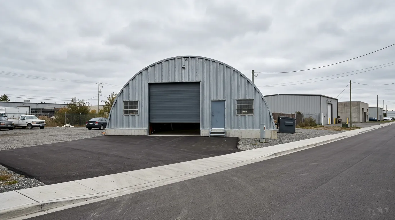 Quonset arch steel building in a commercial business park along a paved road