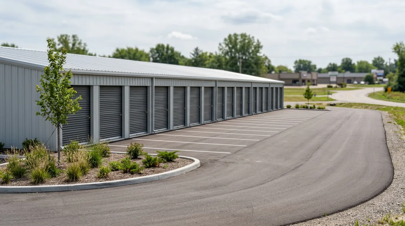 Steel commercial storage facility with smooth paved entry and parking
