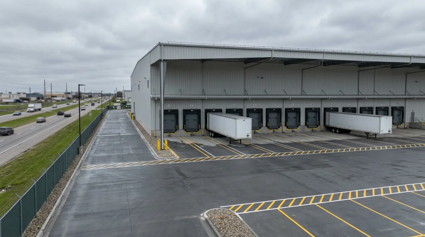 Pre-engineered steel warehouse with multiple loading docks and asphalt logistics yard